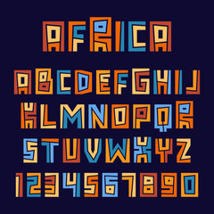 Set of ethnic letters and numbers. Vector graphic alphabet symbols.
