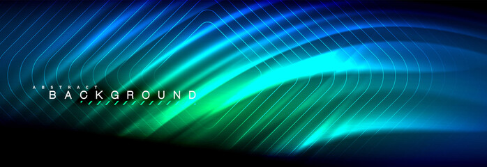 Neon glowing fluid wave lines, magic energy space light concept, abstract background wallpaper design