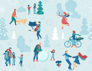 Winter background with people walking outdoors. Seamless pattern.
