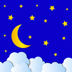 Vector Paper Moon, Stars and Clouds, Origami Illustration.