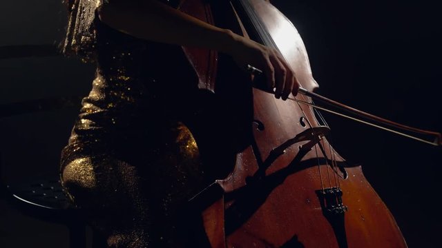 The cellist performs on stage.