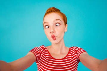 Self-portrait of crazy foolish playful pretty ecstatic cheerful 
