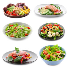 Set of delicious healthy dishes on white background
