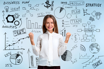 Happy successful woman with different drawn diagrams on light background