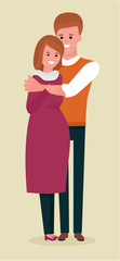 Obraz premium Happy couple, husband and pregnant wife. Vector cartoon flat illustration. Isolated on beige background.