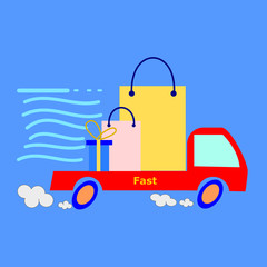 mini truck on delivery a shopping bag, vector illustration.