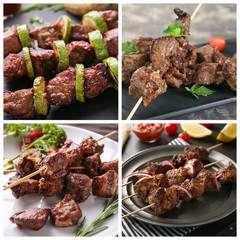 Set of tasty meat kebabs cooked on barbecue grill