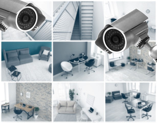 Modern CCTV cameras with blurred view of office locations