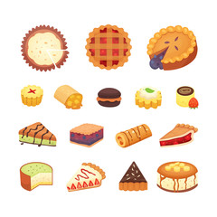 Sweets desserts objects collection, strawberry cakes, fruit and berry sweet pies with cream. Homemade bakery cake dessert pie vector set.