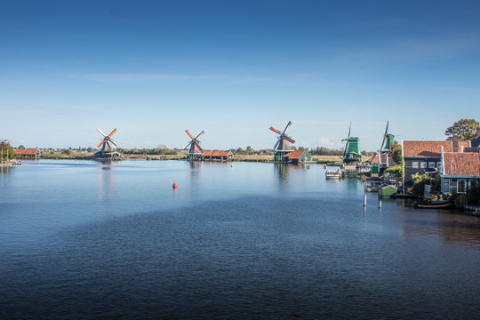 Panorama of windmills in Schans at Amsterdam, Netherlands