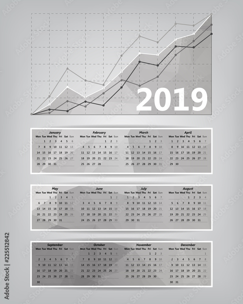 Poster 2019 calendar with business statistics chart showing different growing graphs