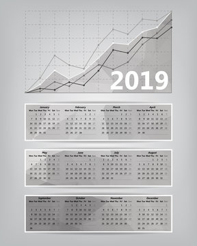 2019 calendar with business statistics chart showing different growing graphs