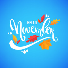 hello November, bright fall leaves and lettering composition flyer or banner template