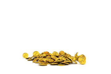 Bunch or pile of illustrative gold coin, background isolated on white. Pattern, art, cover & abstract.