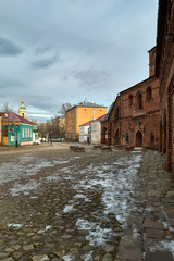 Krutitsky chambers ensemble. Arched passages. The oldest monastery is not the territory of a modern city. Winter, ice.