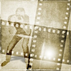 Vintage sepia film strip frame with figure of photographer at work.