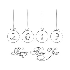 Hand drawn Christmas decoration with balls and text lettering Happy New Year. Isolated on white background. Vector.