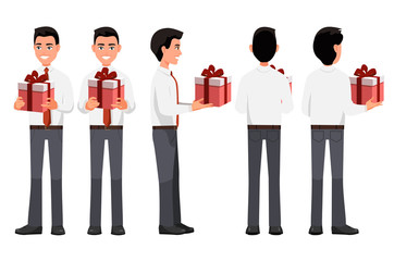Vector illustration of business men with present in hands, in official clothes. Cartoon realistic people illustartion. Worker in a shirt with a tie. Front view , Side view, Back side view, Isometric.