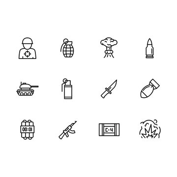 Simple set war, army, military and anti terrorism vector line icon. Contains such icons military soldier, grenade, explosion, weapon, tank, bullet and projectile rocket.