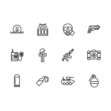 Simple set war, army, anti terrorism, battle vector line icon. Contains such icons body armor, gas mask, chemical attack, weapon, gun, walkie talkie, first aid kit, death of military soldiers.