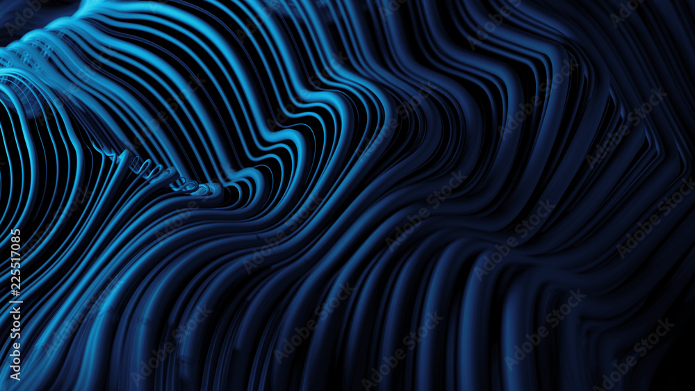 Poster 3d abstract background with wavy deformed thin and thick lines. camera depth of field. perfect for p