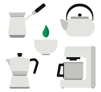 Set of tools for making tea and coffee flat vector illustration