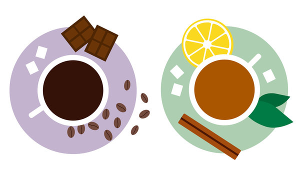 Tea and coffee with sweets flat vector illustration