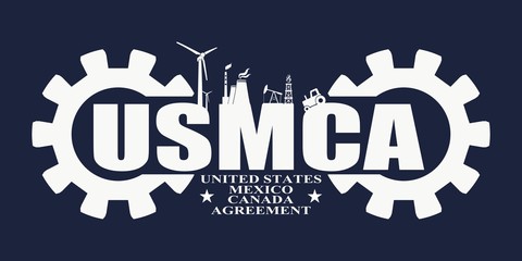 USMCA - United States Mexico Canada Agreement. Decorated USMCA letters. Heavy industry and business concept. Connected lines with dots.