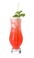 Glass of fresh watermelon lemonade on white background