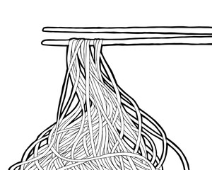 Chinese Noodles, Asian food icon . Vector icon.Bowl of noodles with a pair of chopsticks icon thin line . Vector black contour icon on on white background.