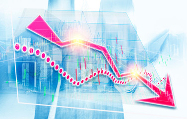 Businessman and Hong Kong city view with red bear chart on background. double exposure