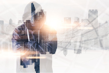 The abstract image of the hacker standing overlay with futuristic hologram and the future cityscape...