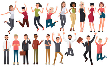 Happy group of people jumping on a white background. The concept of friendship, healthy lifestyle, success. Vector illustration in a flat style. People in different poses. Party people.