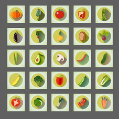 Bright graphic set of organic vegetables: potato, tomato, beetroot, shallot, eggplant, corn, carrot, pepper, avocado, asparagus, artichoke, champignon, zucchini. Flat design, icons, buttons, symbols