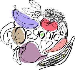 Beautiful bright graphic Scandinavian pattern of organic vegetables: potato, tomato, beetroot, shallot, eggplant, corn, carrot vector hand illustration