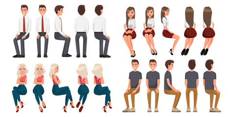 Obraz na płótnie Canvas Big set of sitting people. Men in casual clothes and official clothes, woman in red skirt and a white blouse, woman in casual clothes . Cartoon realistic people. Flat young man. Front view, Side view