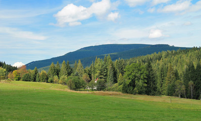 Fototapeta na wymiar landscape of Beskydy mountains with hills covered with spruce forests and a meadow at the foreground in summer