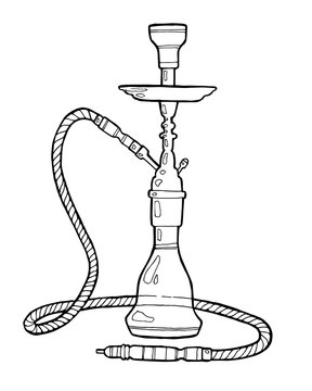 Shisha, hookah hand drawn doodle vector.Illustration isolated on white foe hookah bar or lounge. vector illustration of hookah with smoking pipe, hubble bubble, oriental bar.