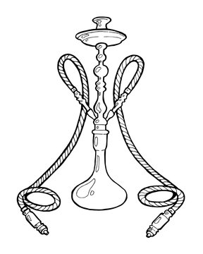 Shisha, hookah hand drawn doodle vector.Illustration isolated on white foe hookah bar or lounge. vector illustration of hookah with smoking pipe, hubble bubble, oriental bar.