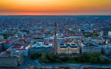 Budapest, Hungary - Aerial panoramic skyline view of Budapest with the famous St.Stephen's Basilica (Szent Istvan Bazilika) at sunrise