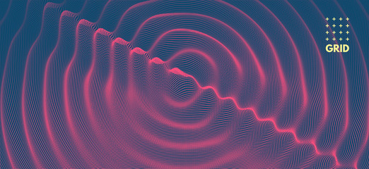 3D wavy background with ripple effect. Vector illustration with particle. 3D grid surface. - obrazy, fototapety, plakaty