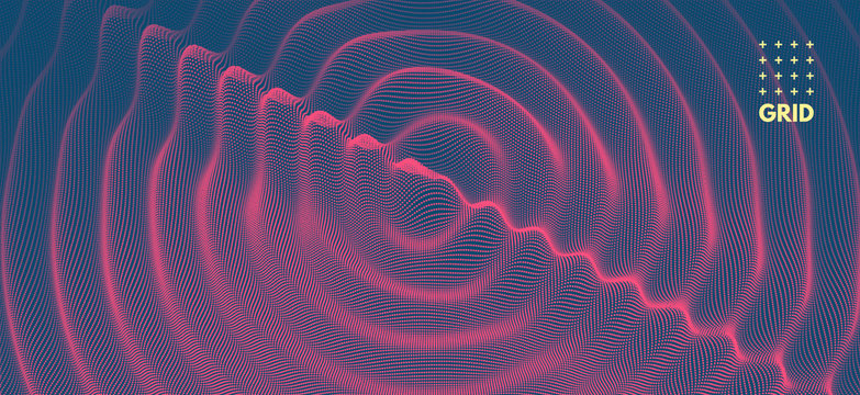 3D wavy background with ripple effect. Vector illustration with particle. 3D grid surface.