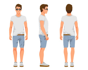 Obraz premium Vector illustration of three men in casual summer clothes. Cartoon realistic people illustartion.Flat young man in a light T-shirt, denim shorts and sneakers. Front view, Side view, Back side view man