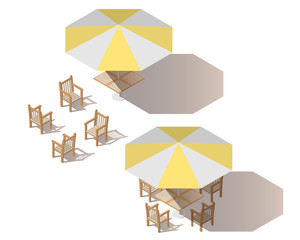 Isometric yellow umbrella with empty table and chairs.