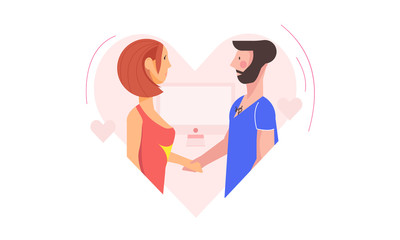 Love. Couple in flat modern style. Illustration for web. Happy Valentines day. Internet dating.