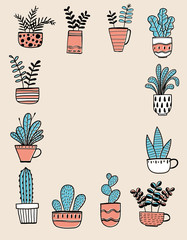 Collection of hand drawn plants in a pot.  Vector illustrations in sketch doodle style.