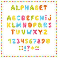 Set of colored letters and numbers. Childrens alphabet. Font for kids. Bright colors, pink, blue, green, yellow on white background.