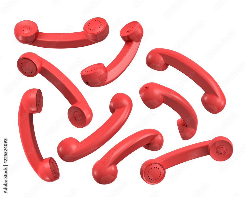 Poster 3d rendering of many red retro cordless phone receivers lying randomly on a white background.