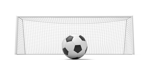 3d rendering of a black and white football standing ball in front of empty gates.