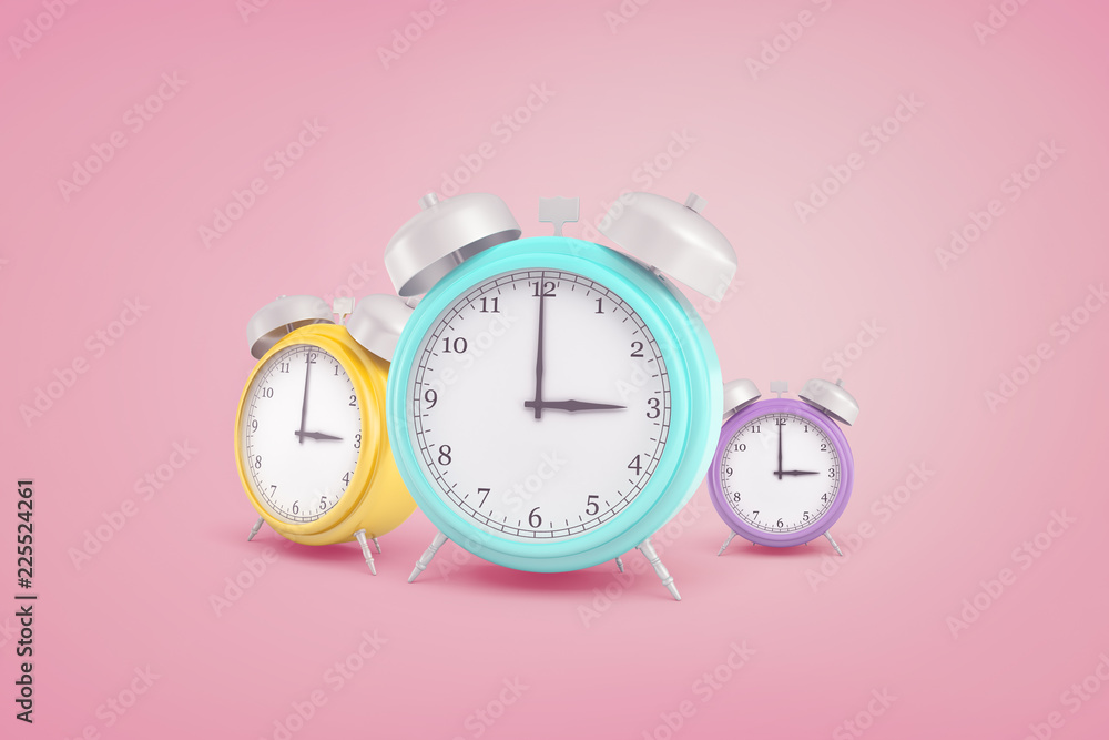 Poster 3d rendering of three retro pastel colored alarm clocks standing near each other on a pink backgroun